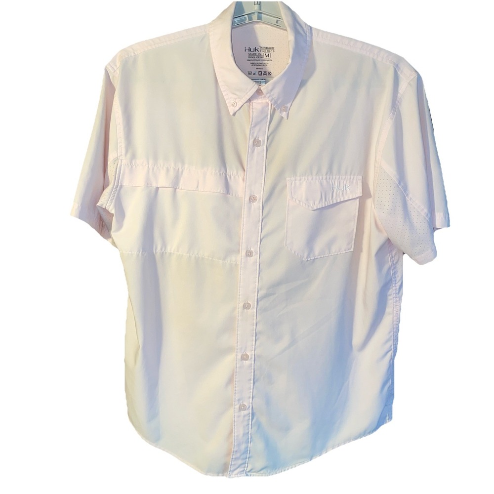 HUK Tide Point Shirt Men's Medium Pink Short Sleeve Button Down Performance Fish